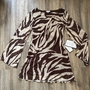 Animal-Print Long Sleeve Dress - Brown/Cream